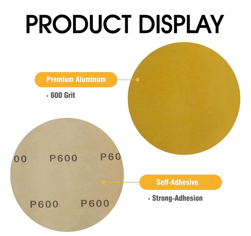 Shawya 100 PCS 6 Inch Gold PSA Sanding Discs 600 Grit Self Adhesive Sticky-Back Sandpaper for DA Sander Automotive Car Paint Woodworking Wood Metal Finishing - Image 2